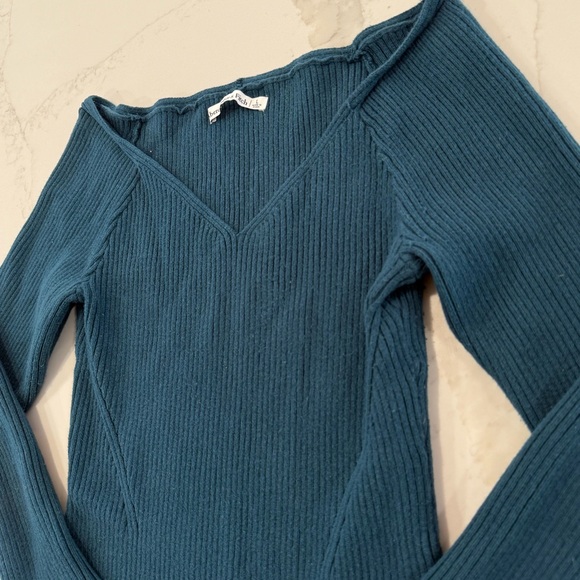 Abercrombie & Fitch Ribbed V-Neck Knit Sweater Body Suit Women’s Large Teal Blue - Picture 4 of 9